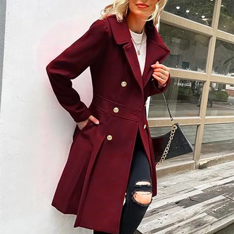 Elegant Woolen Trench Coat – Double-Breasted with Skirt Hemline 0