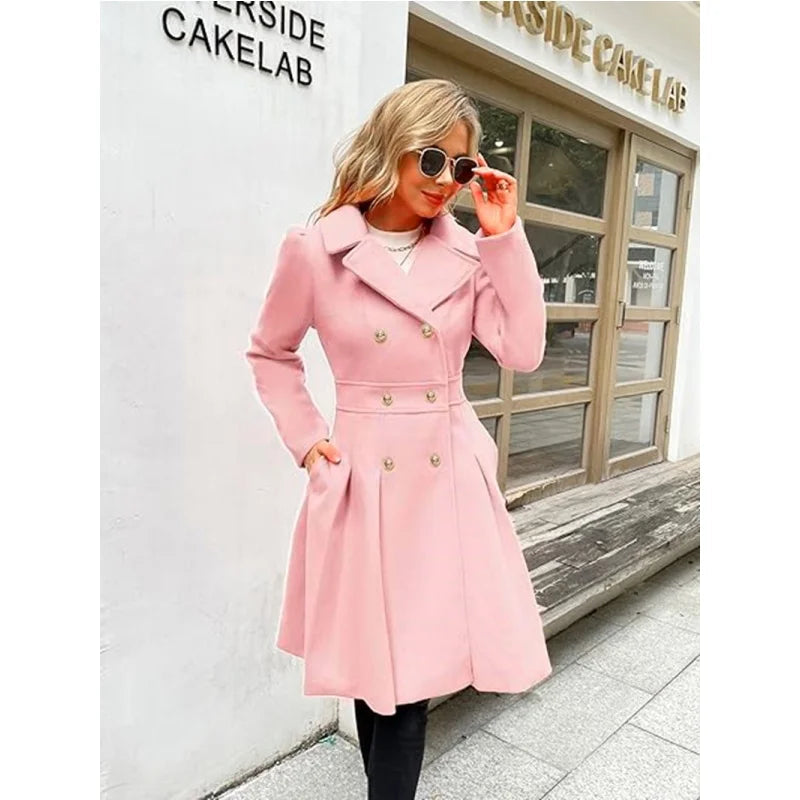 Elegant Woolen Trench Coat – Double-Breasted with Skirt Hemline 1