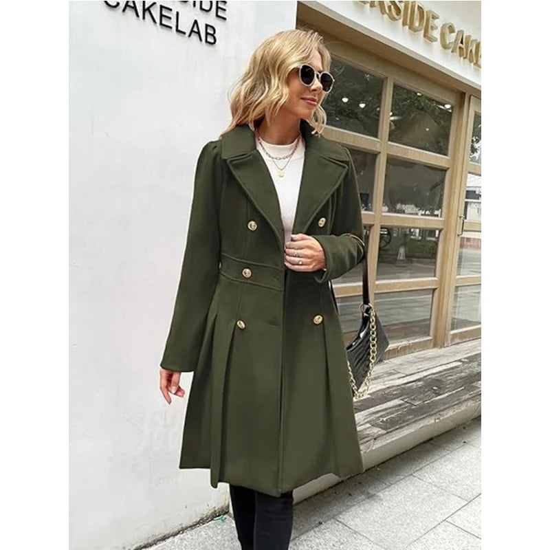 Elegant Woolen Trench Coat – Double-Breasted with Skirt Hemline 3