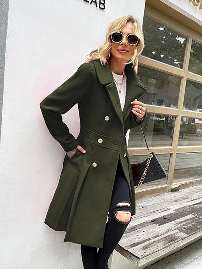 Elegant Woolen Trench Coat – Double-Breasted with Skirt Hemline 4