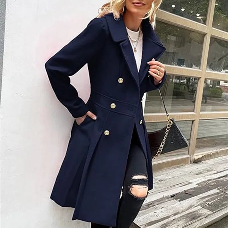 Elegant Woolen Trench Coat – Double-Breasted with Skirt Hemline 5