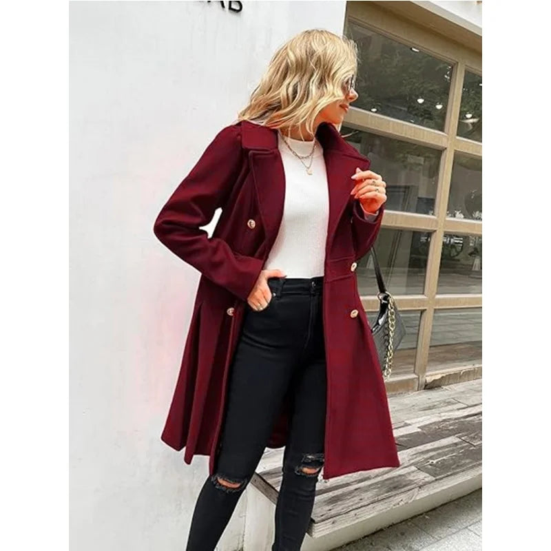 Elegant Woolen Trench Coat – Double-Breasted with Skirt Hemline 6