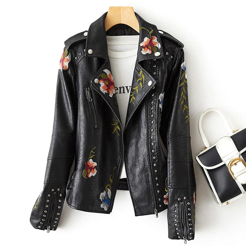 Floral PU Leather Jacket – Chic Spring Style for Women 1