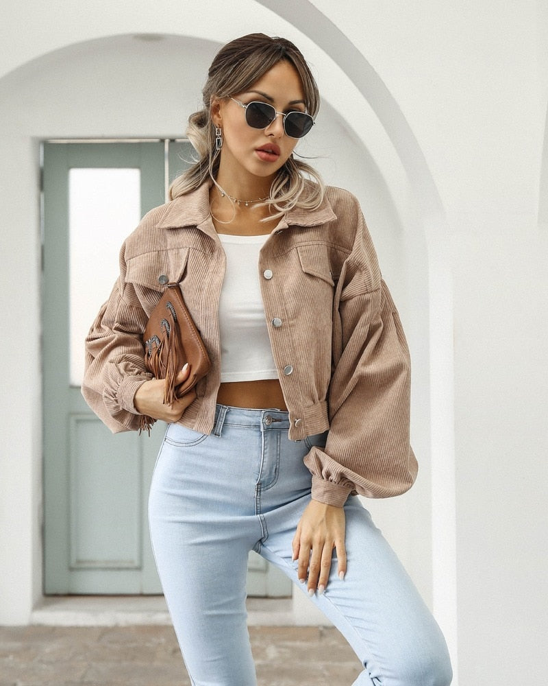 Stylish Corduroy Jacket – Cropped Fit with Fun Balloon Sleeves 0