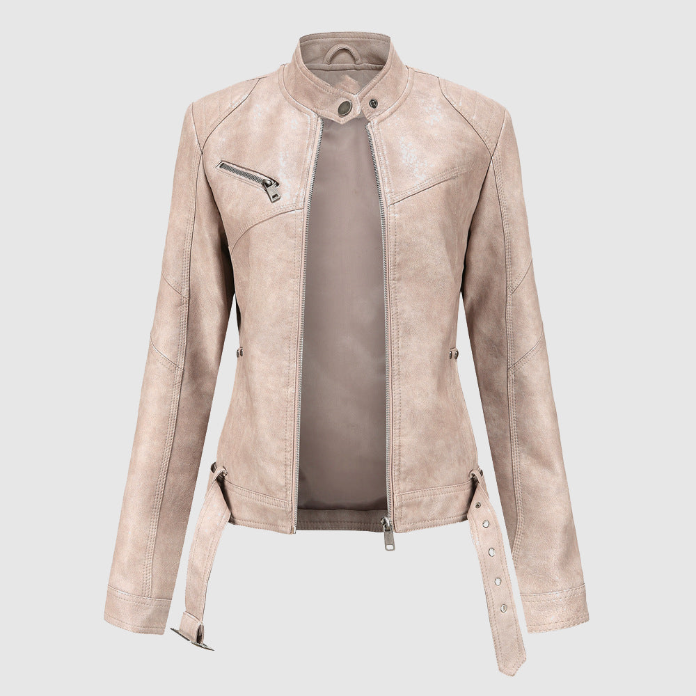 Stylish Stand Collar Leather Jacket – Tailored Fit for Modern Elegance 0