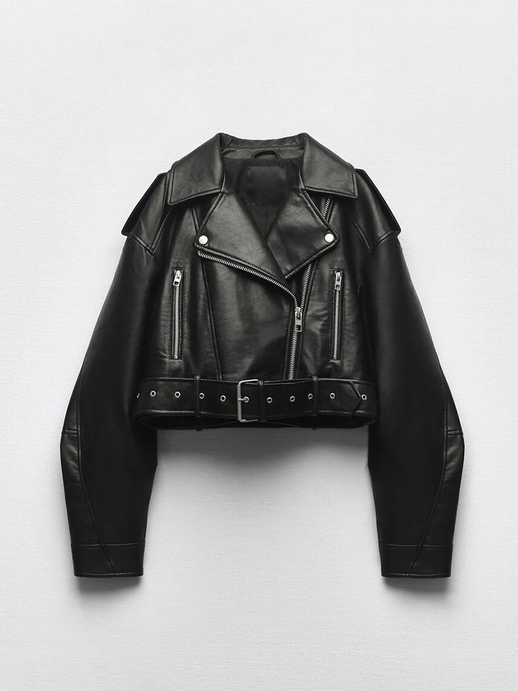Women's Biker Jacket – Edgy Faux Leather with Belted Waist 0