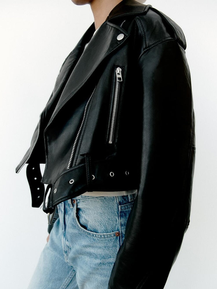 Women's Biker Jacket – Edgy Faux Leather with Belted Waist 1