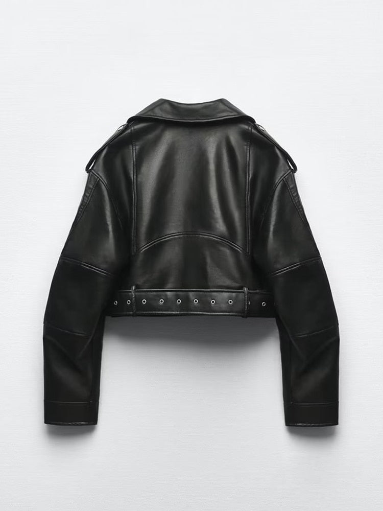 Women's Biker Jacket – Edgy Faux Leather with Belted Waist 2