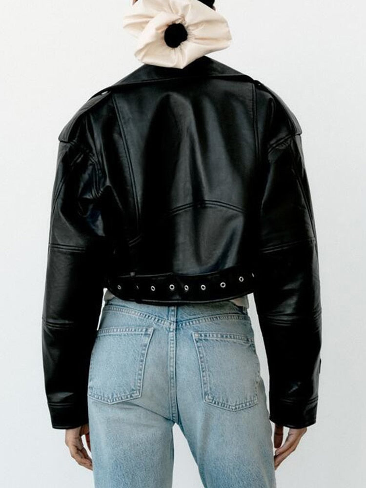 Women's Biker Jacket – Edgy Faux Leather with Belted Waist 3