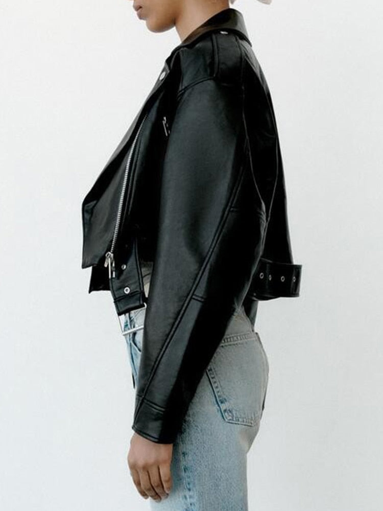 Women's Biker Jacket – Edgy Faux Leather with Belted Waist 4