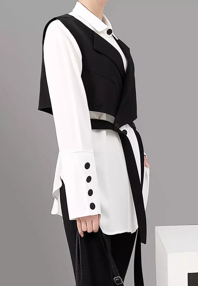 Women's Black Vest & Long-Sleeve Blouse Set – Chic Layering Essential 1