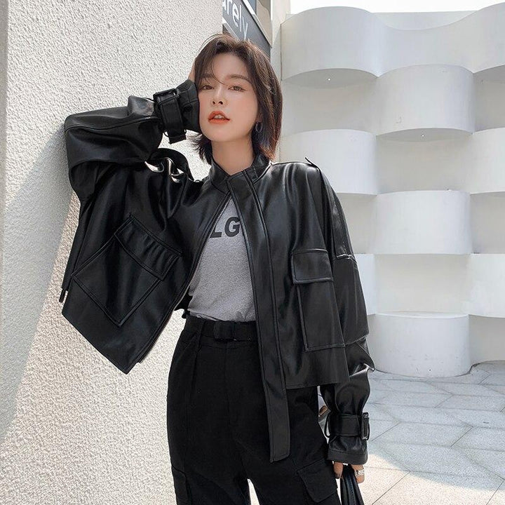 Women's Box Cut Leather Jacket – Trendy Zip Closure for Everyday Style 1