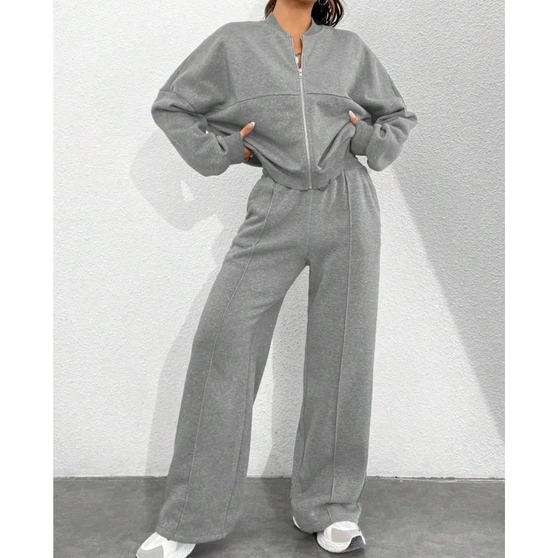 Women's Casual Bomber Jacket & Wide-Leg Pants Set – Effortless Style 1