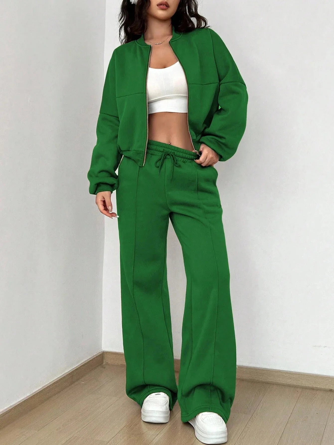 Women's Casual Bomber Jacket & Wide-Leg Pants Set – Effortless Style 11