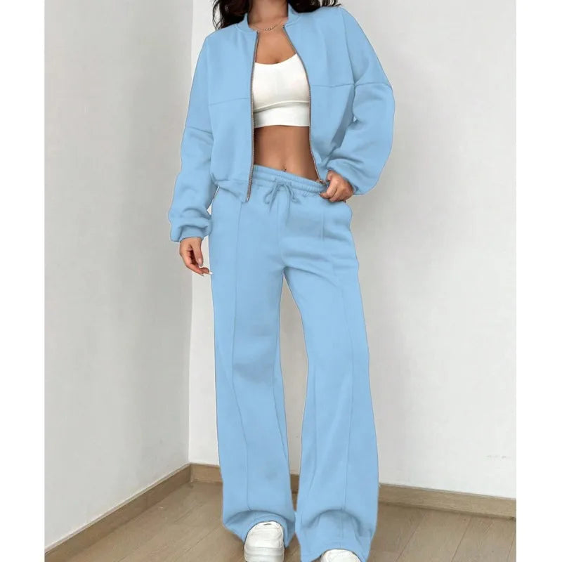 Women's Casual Bomber Jacket & Wide-Leg Pants Set – Effortless Style 2