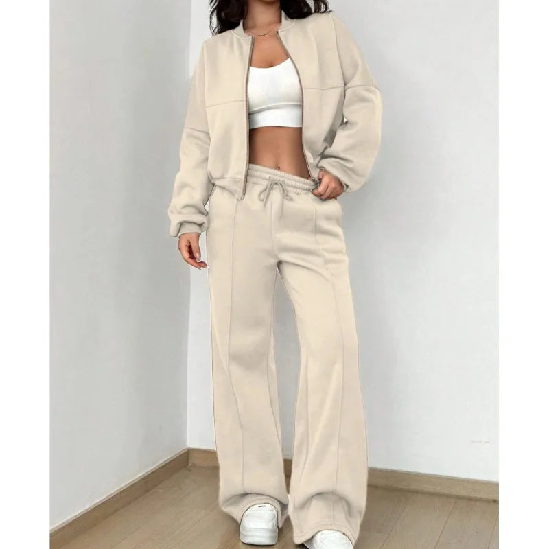 Women's Casual Bomber Jacket & Wide-Leg Pants Set – Effortless Style 3