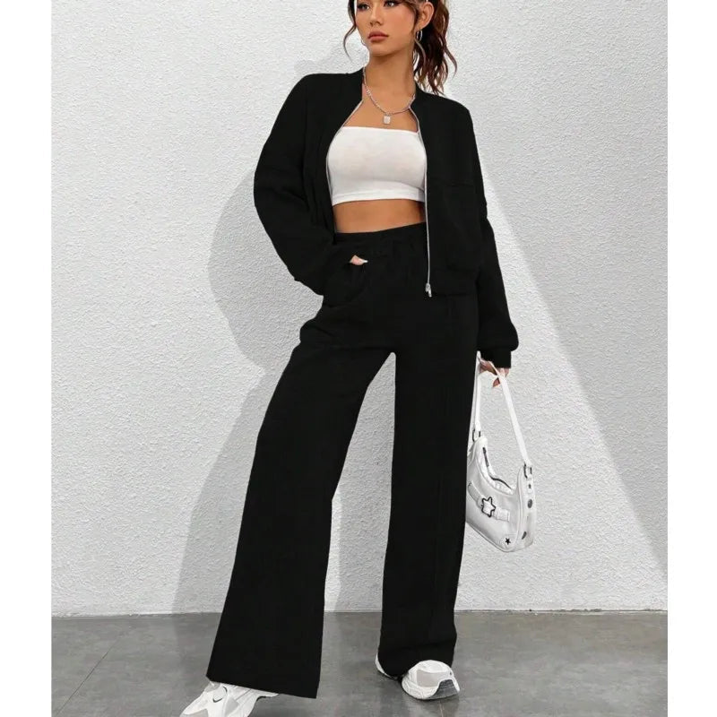 Women's Casual Bomber Jacket & Wide-Leg Pants Set – Effortless Style 6