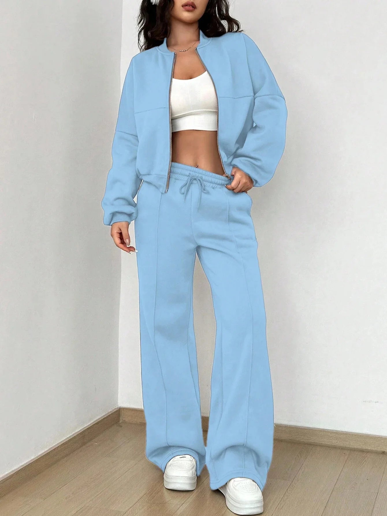 Women's Casual Bomber Jacket & Wide-Leg Pants Set – Effortless Style 7
