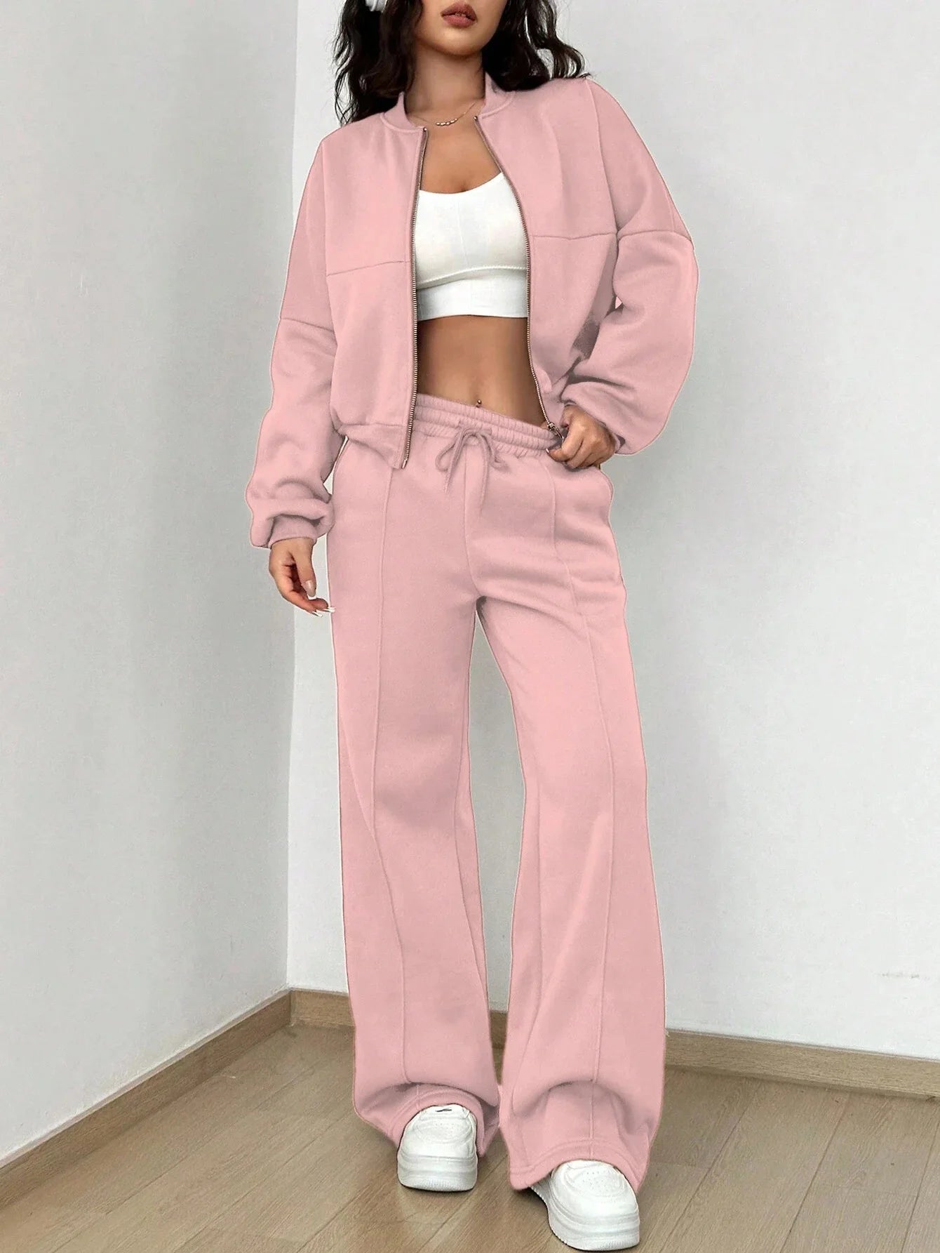 Women's Casual Bomber Jacket & Wide-Leg Pants Set – Effortless Style 8