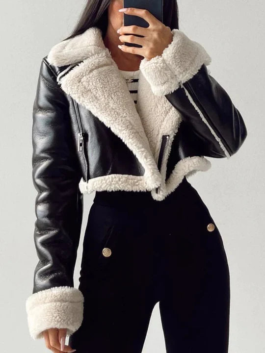 Women's Classic Leather Coat – Stylish Wide Collar for Fall 1