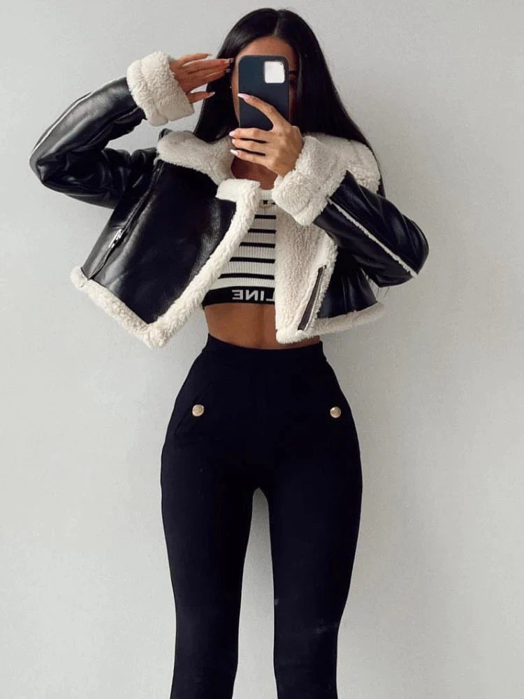 Women's Classic Leather Coat – Stylish Wide Collar for Fall 2