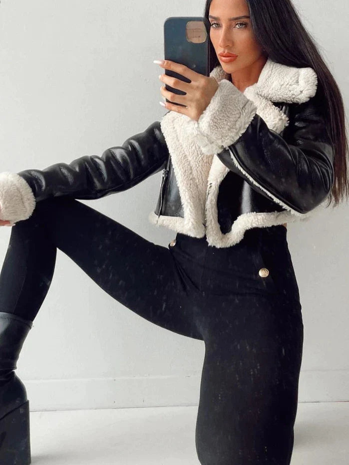 Women's Classic Leather Coat – Stylish Wide Collar for Fall 3