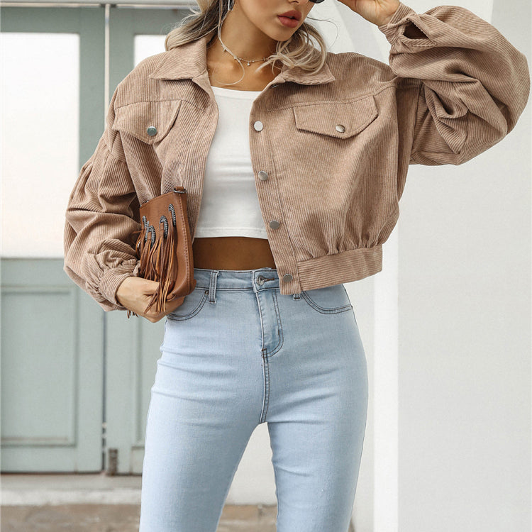 Women's Cropped Corduroy Jacket – Stylish Lantern Sleeves & Pockets 1