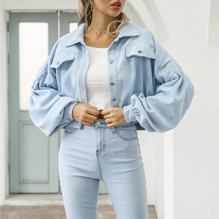 Women's Cropped Corduroy Jacket – Stylish Lantern Sleeves & Pockets 2