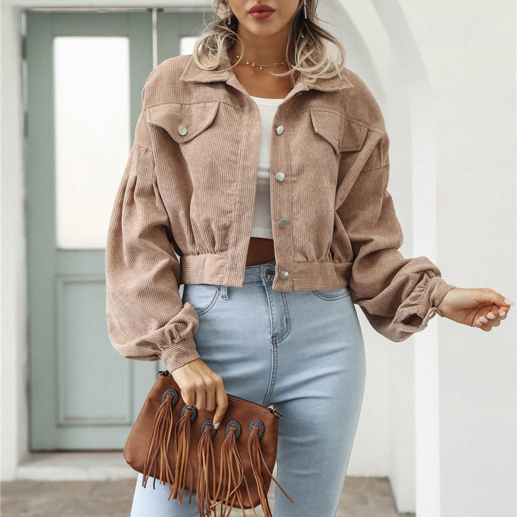 Women's Cropped Corduroy Jacket – Stylish Lantern Sleeves & Pockets 3