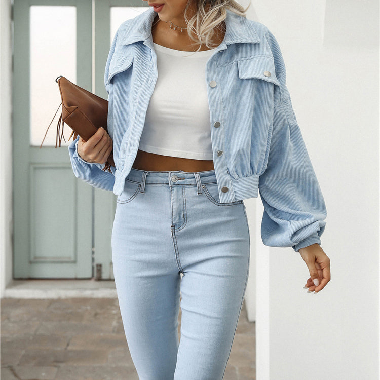 Women's Cropped Corduroy Jacket – Stylish Lantern Sleeves & Pockets 4
