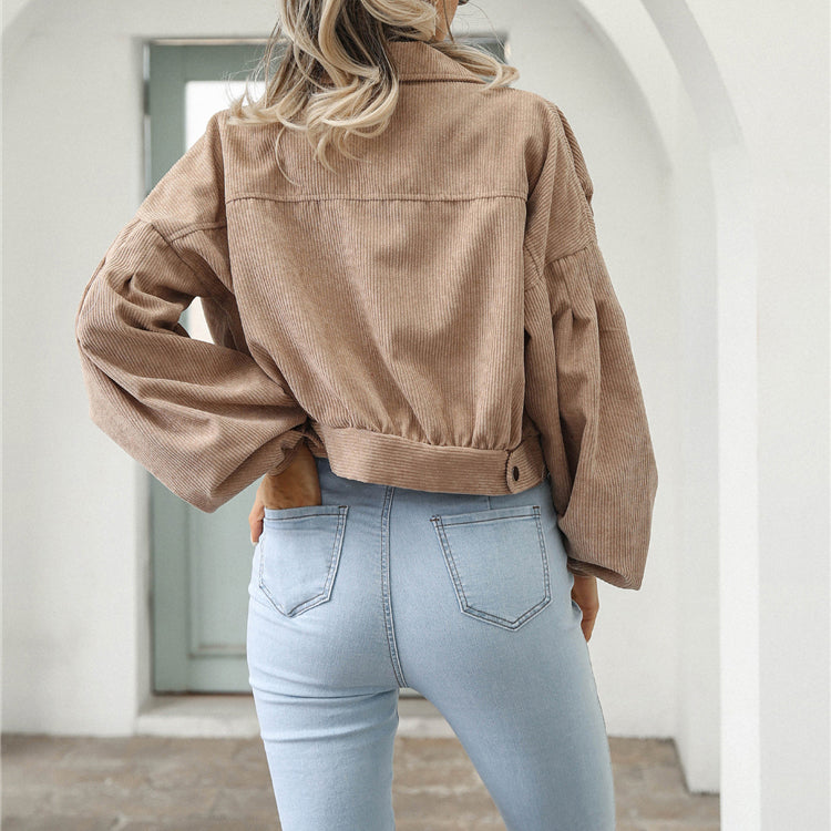 Women's Cropped Corduroy Jacket – Stylish Lantern Sleeves & Pockets 5