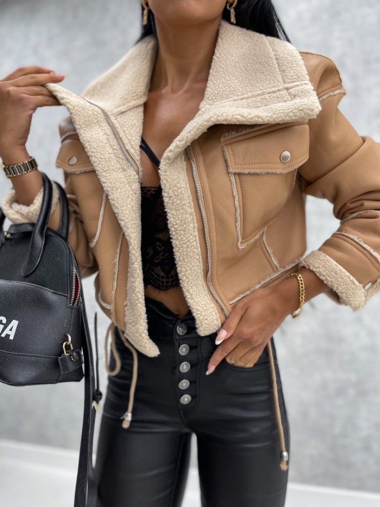 Women’s Cropped Faux Leather Jacket – Cozy Shearling Lining 0