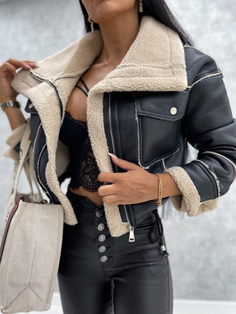 Women’s Cropped Faux Leather Jacket – Cozy Shearling Lining 2