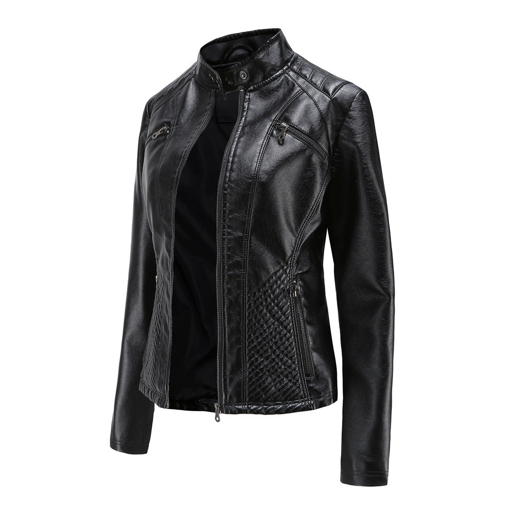 Women's Faux Leather Jacket – Stylish Stand-Up Collar Design 0