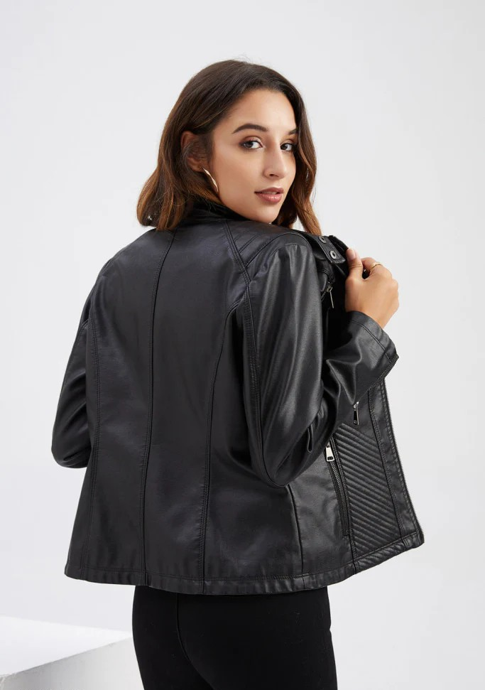 Women's Faux Leather Jacket – Stylish Stand-Up Collar Design 2