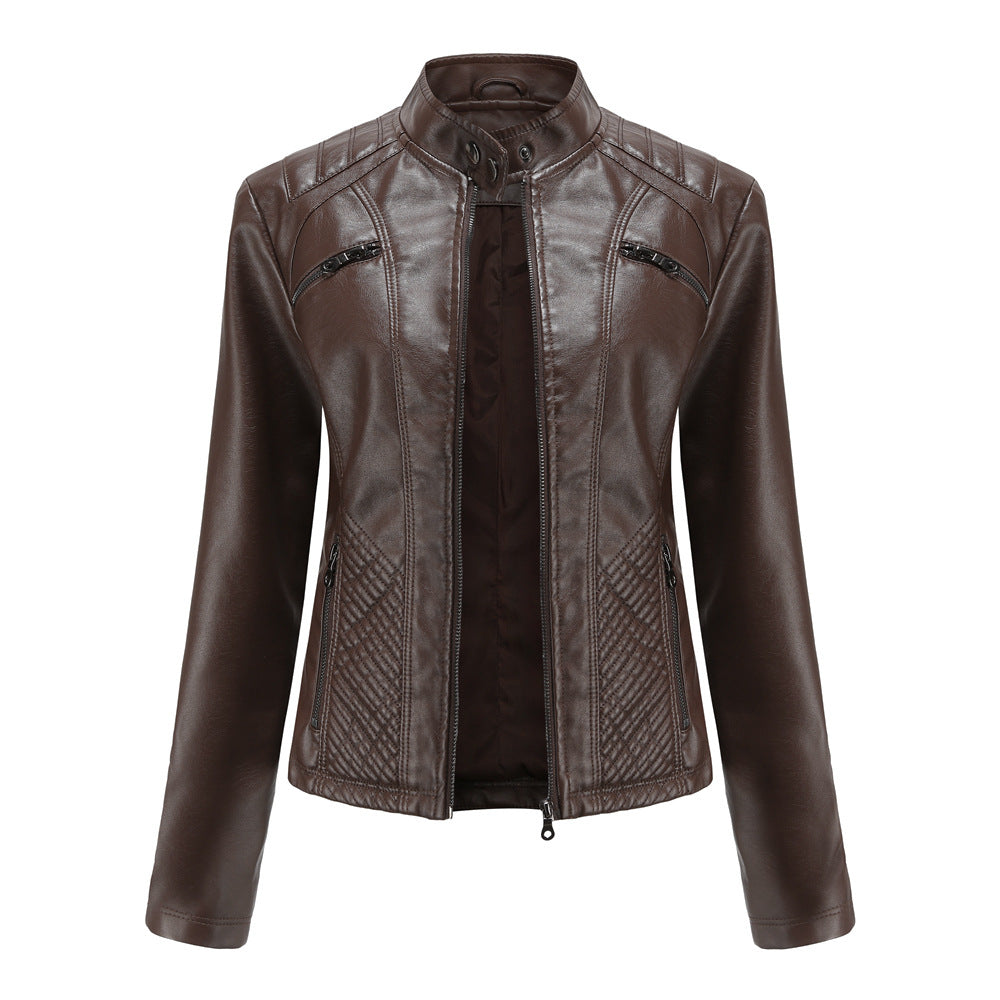Women's Faux Leather Jacket – Stylish Stand-Up Collar Design 4