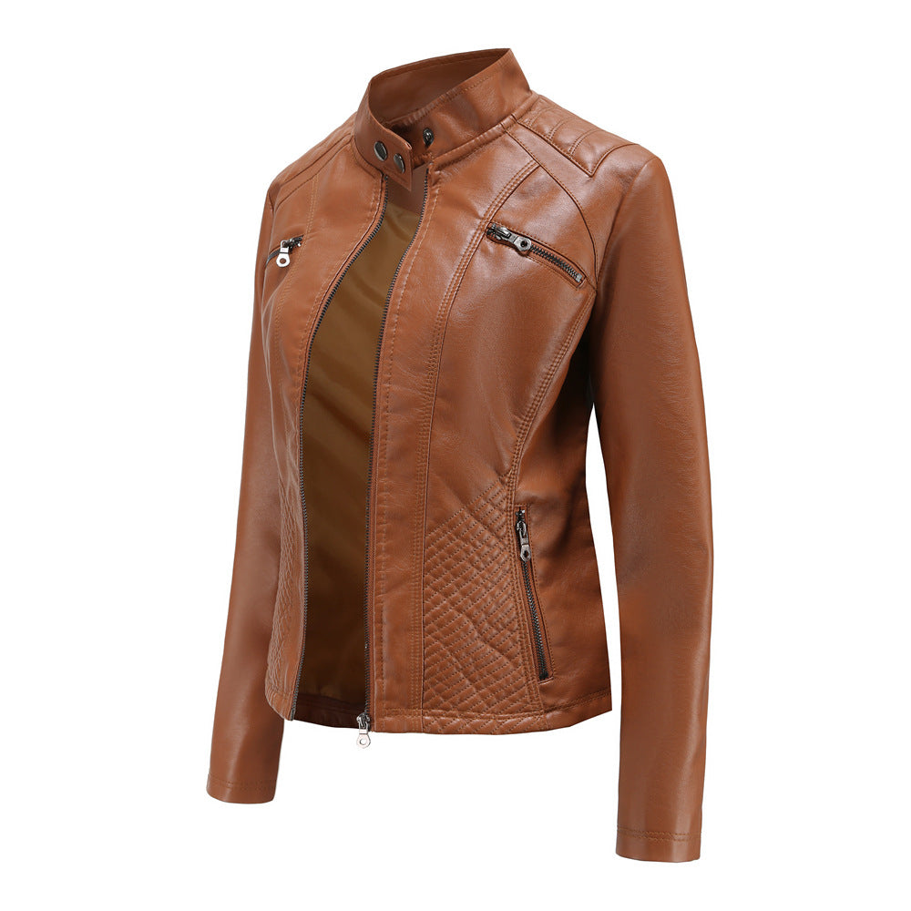 Women's Faux Leather Jacket – Stylish Stand-Up Collar Design 6