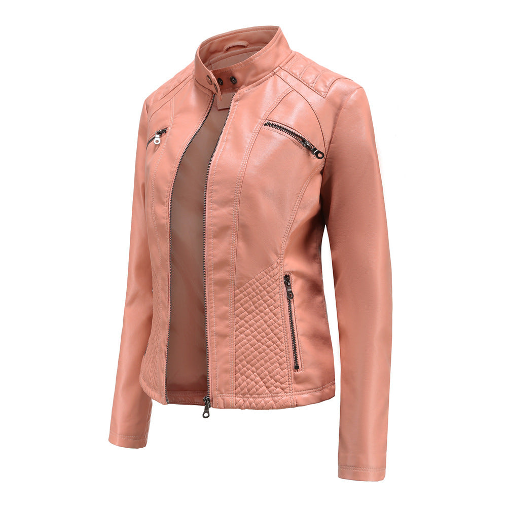 Women's Faux Leather Jacket – Stylish Stand-Up Collar Design 7