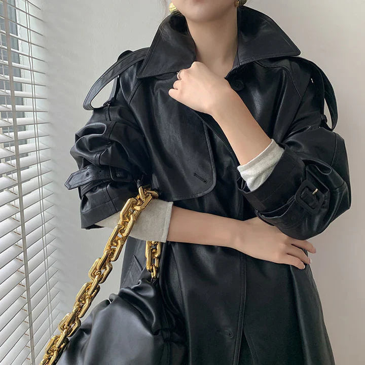Women's Faux Leather Trench Coat – Elegant Double-Breasted Design 2