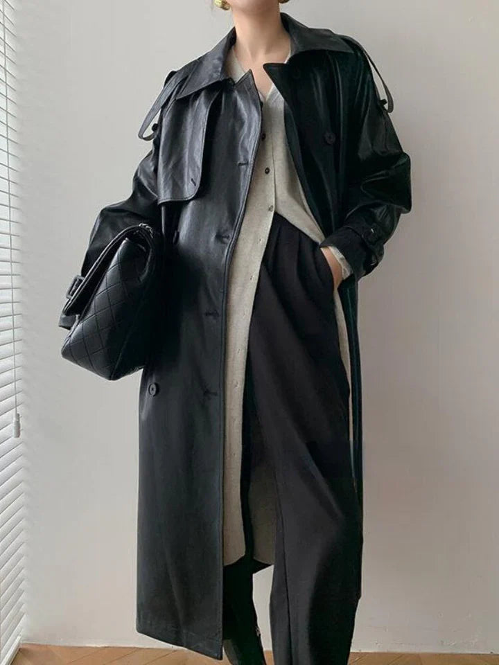 Women's Faux Leather Trench Coat – Elegant Double-Breasted Design 3
