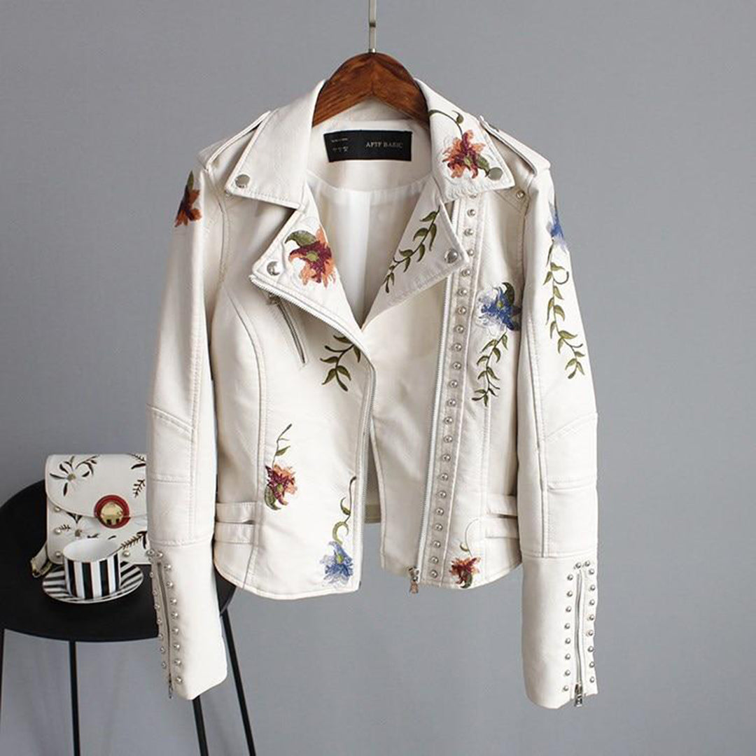 Women's Fitted PU Leather Jacket – Edgy Style with Embroidery 0