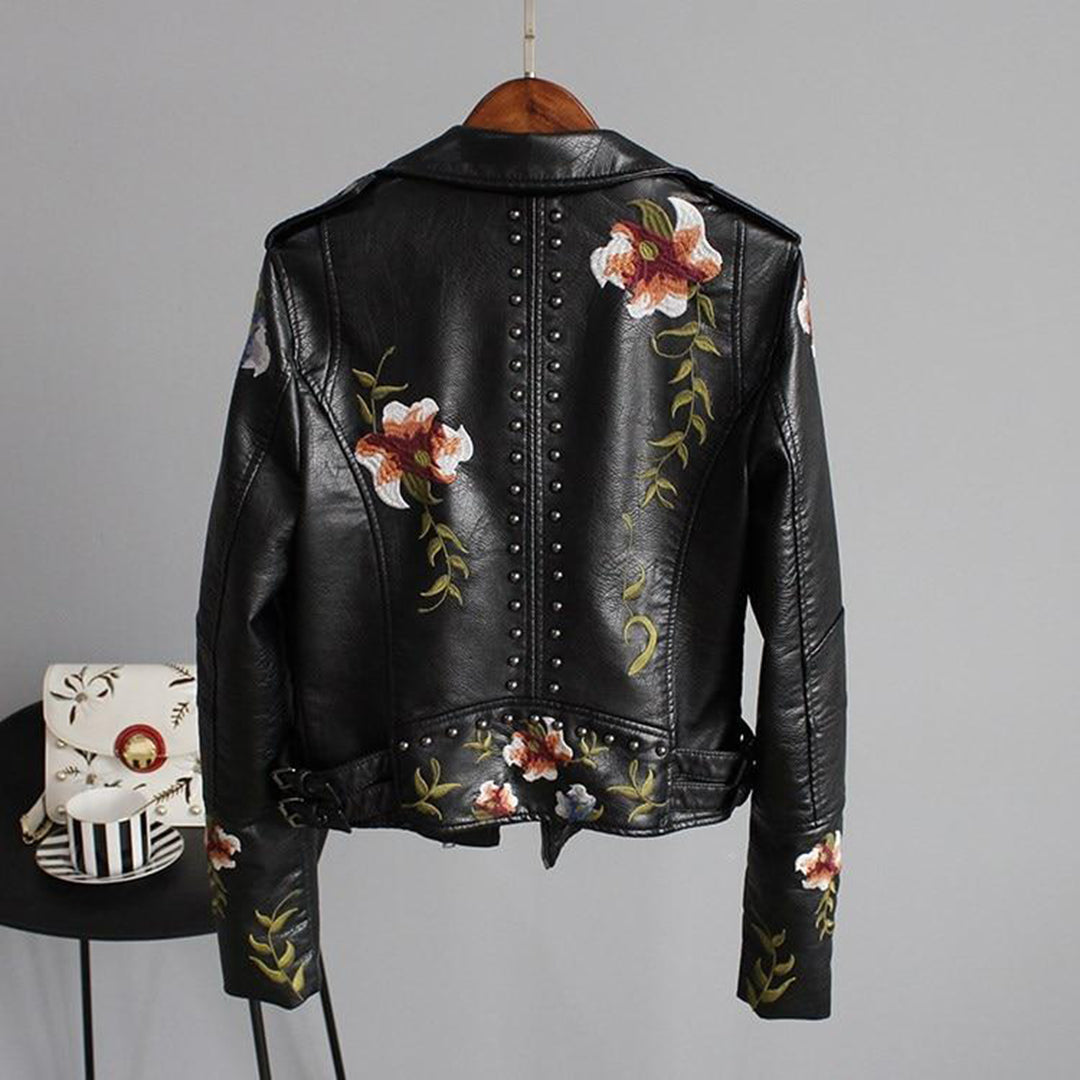 Women's Fitted PU Leather Jacket – Edgy Style with Embroidery 2
