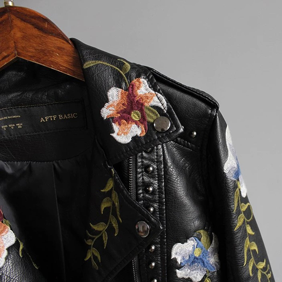 Women's Fitted PU Leather Jacket – Edgy Style with Embroidery 3