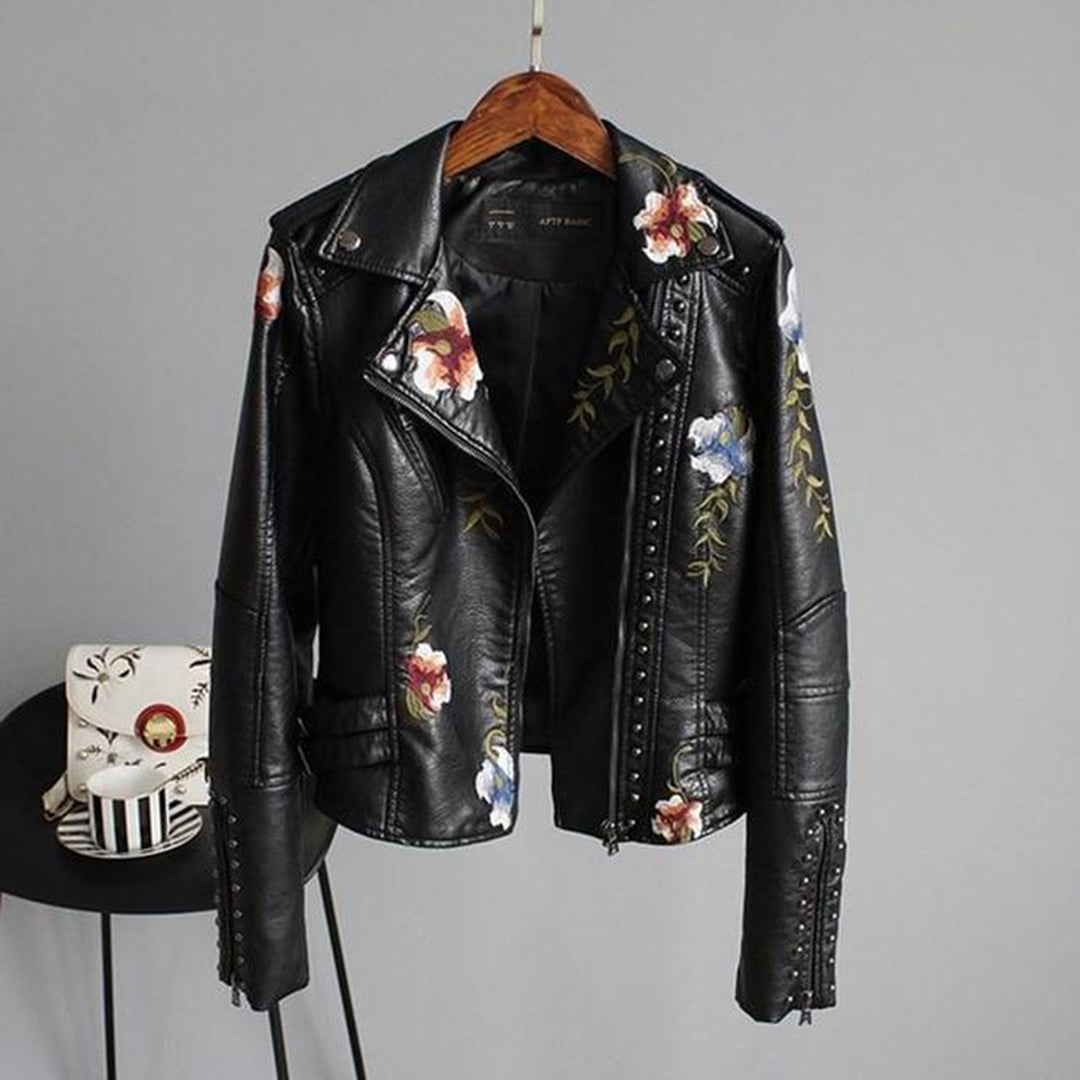 Women's Fitted PU Leather Jacket – Edgy Style with Embroidery 7