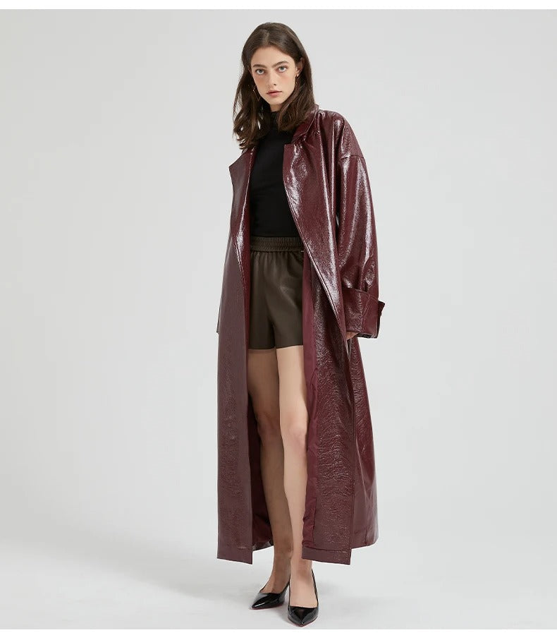 Women’s Glossy Vegan Leather Trench Coat – Chic Slim Fit Style 1