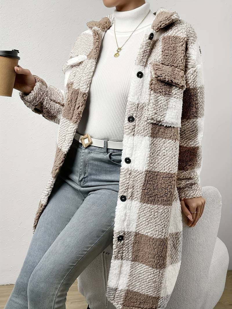 Women's Long Teddy Jacket – Cozy Checkered Style for Fall 2