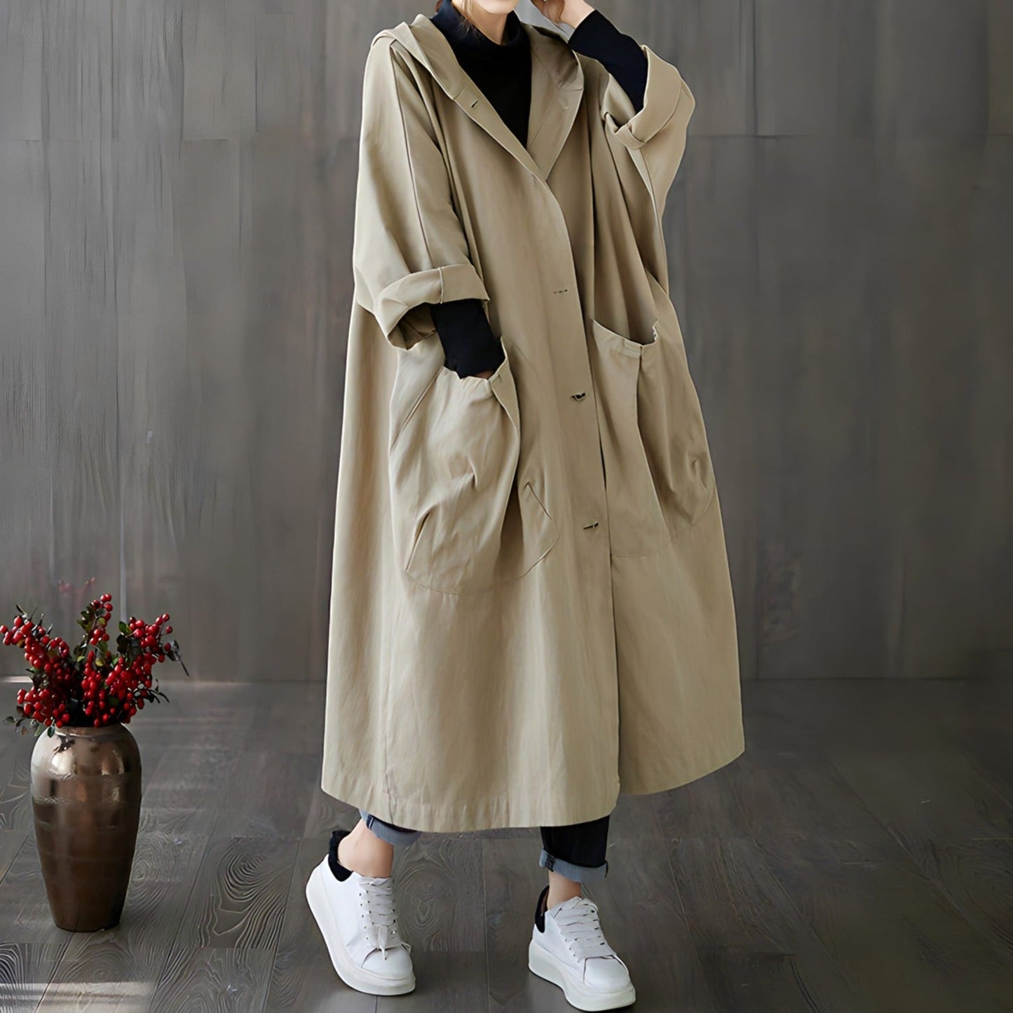 Women's Oversized Hooded Trench Coat – Vintage Style with Pockets 1
