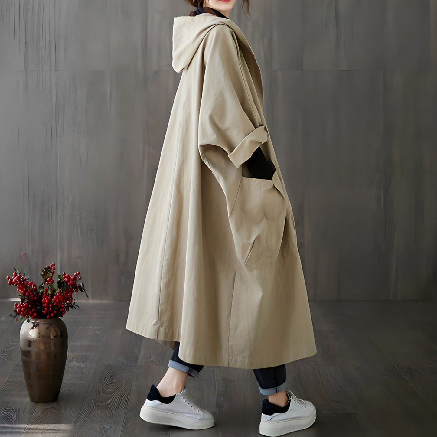 Women's Oversized Hooded Trench Coat – Vintage Style with Pockets 2