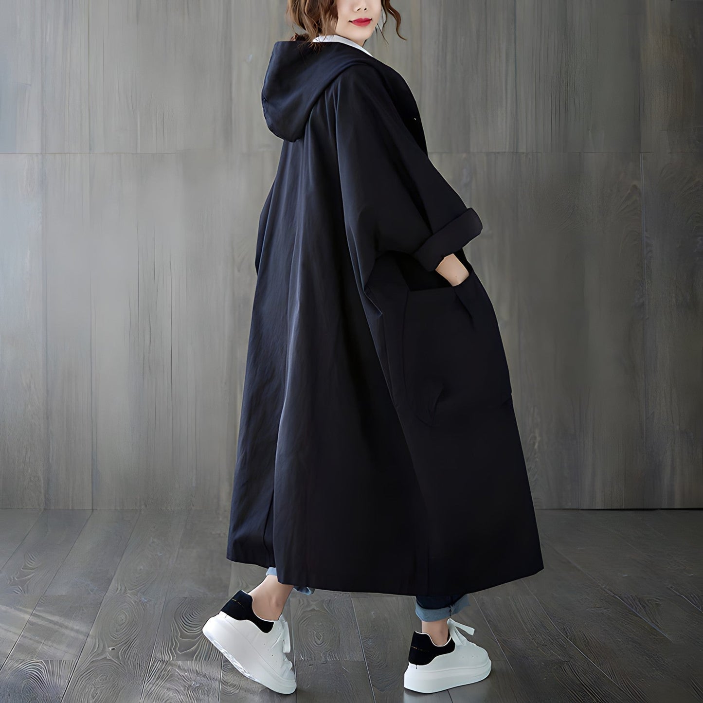 Women's Oversized Hooded Trench Coat – Vintage Style with Pockets 3