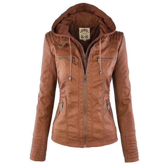 Women's PU Leather Biker Jacket – Stylish Hooded Design 2